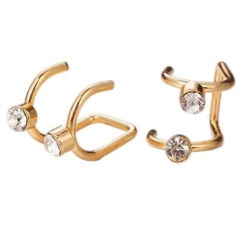 Gold Tone Double Piercing Illusion Hoop Earrings with Clear Rhinestone Accents